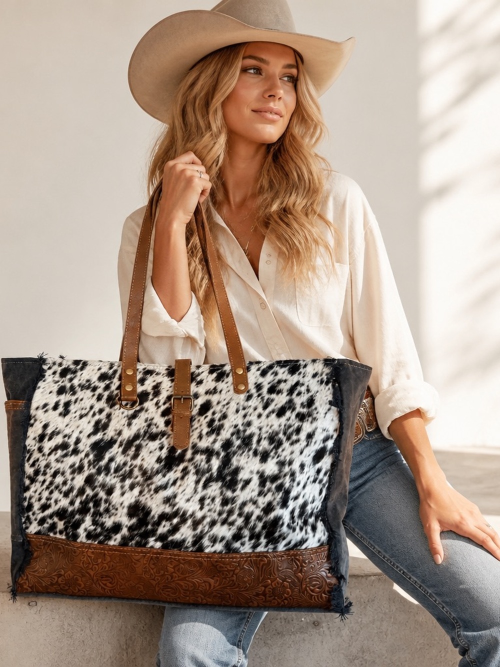 Myra Western Weekender Bag Cowhide Leather Duffel Travel Carry On Boho Cowgirl